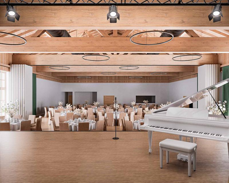 Visualisierung eines hellen Festsaals mit Bühne, eingedeckten und dekorierten Tischen und einem Flügel auf der Bühne