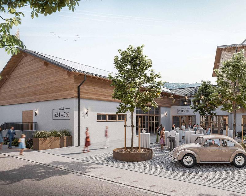 Visualisierung eines hellen Festsaals von Außen mit Stehtischen und einem Käfer auf dem schönen Vorplatz